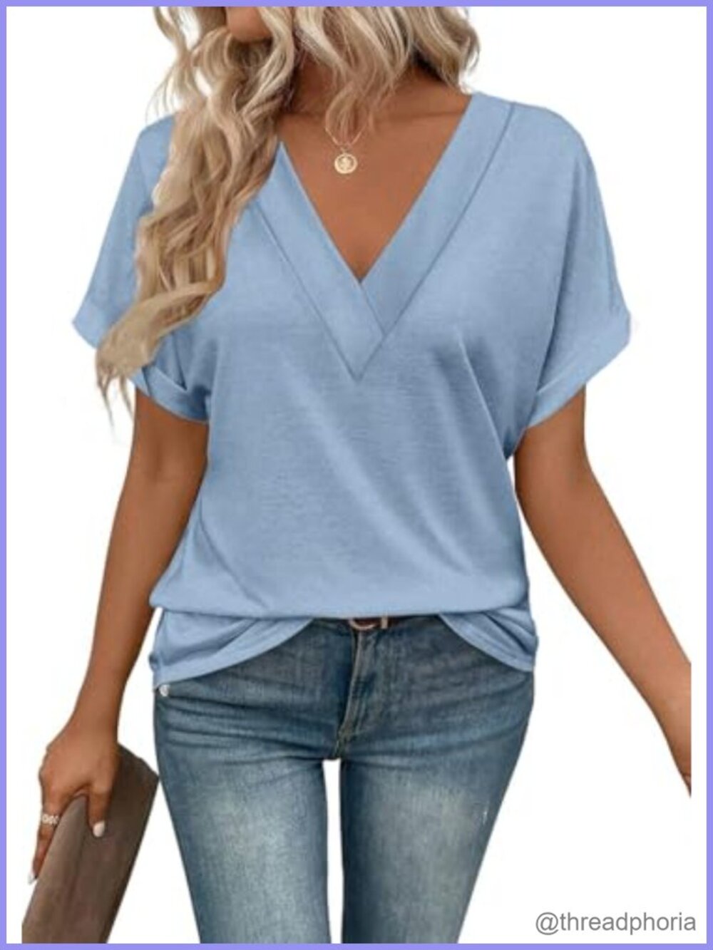 Women's V-Neck Rolled Short Sleeve Business Casual Tee